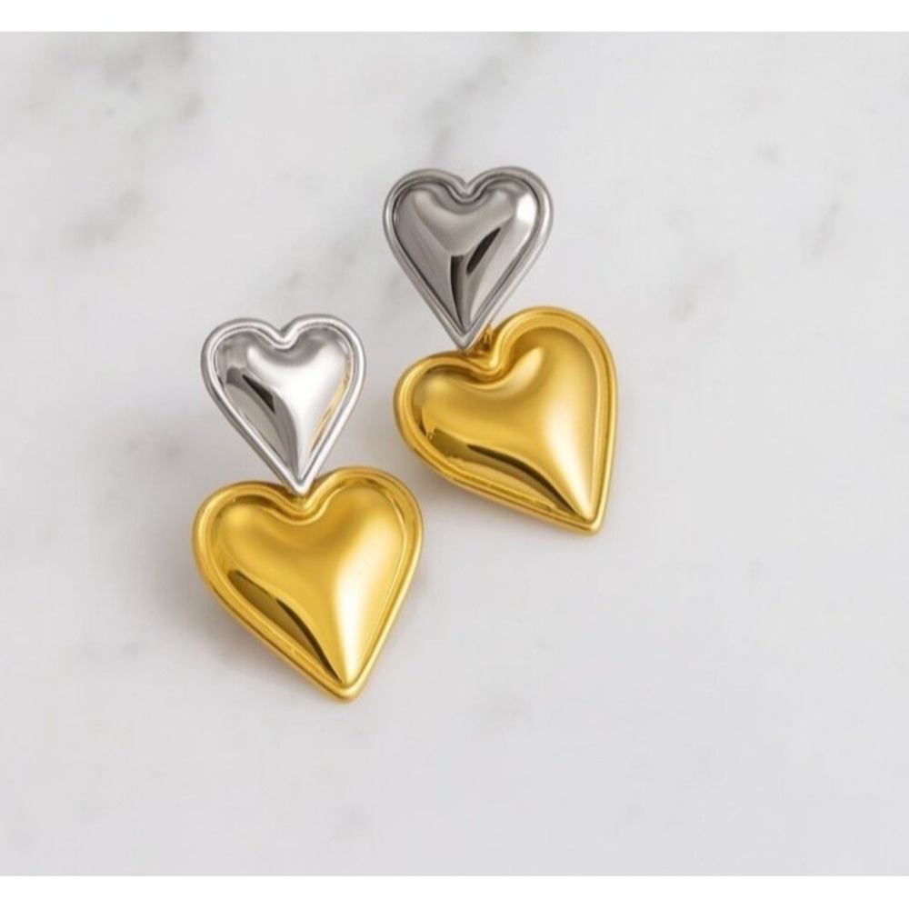 Two‎ Toned Double Heart Stud Earrings 18k Gold Plated Stainless Steel NEW